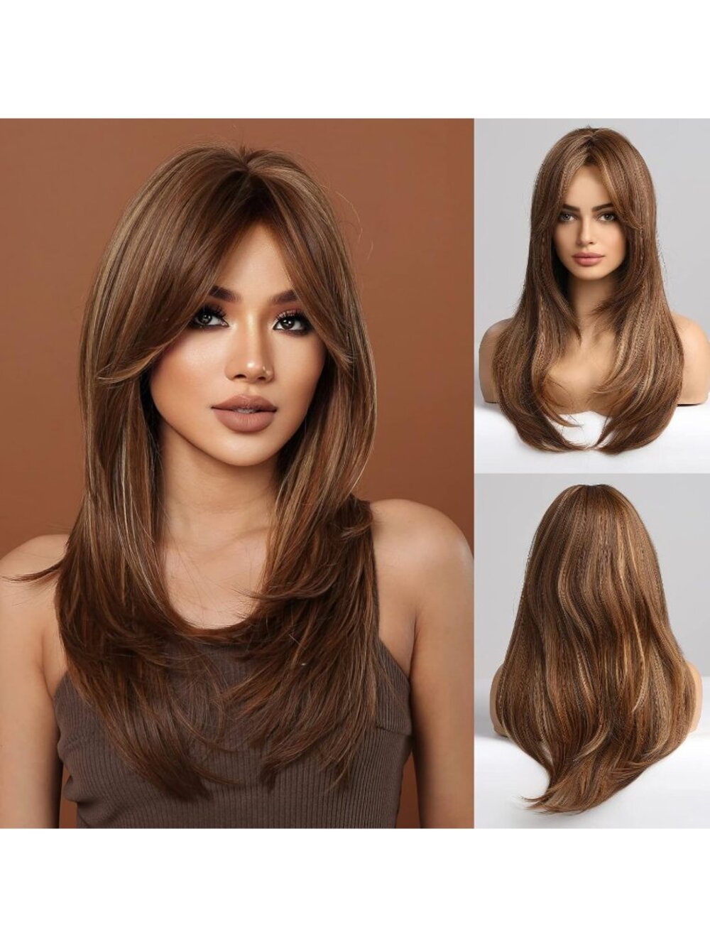 Women Brown mixed Heat Resistant Long Curly Shoulder Length Synthetic Wigs